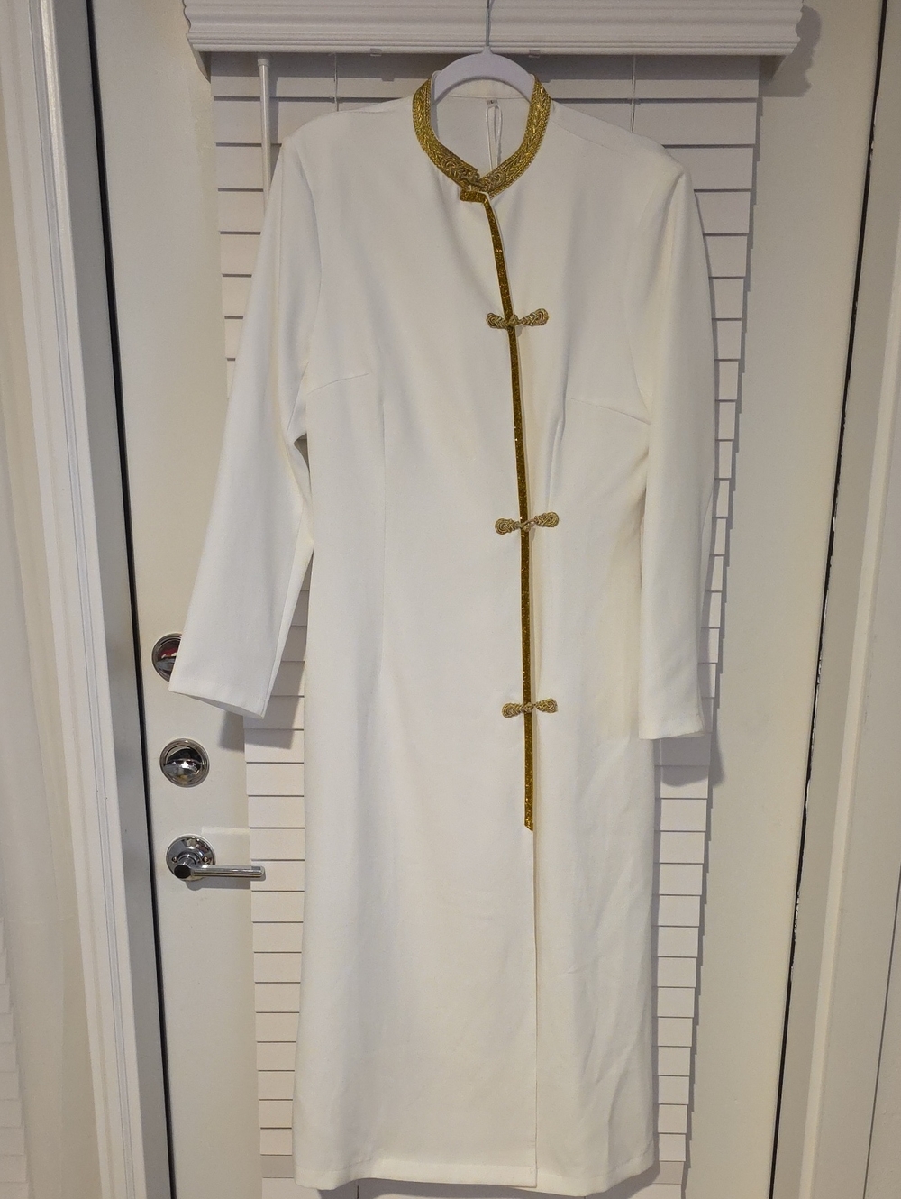 Oyrosy White Clergy Robe Long Dress with Gold Trim & Frog Closures - NWT